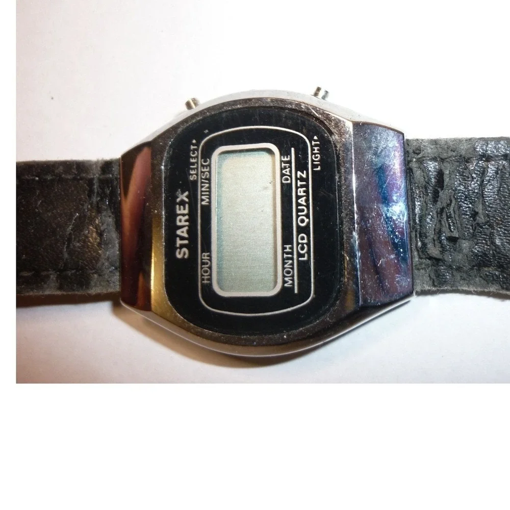 Vintage Starex LCD Quartz Digital Watch Silver Tone Black Band Retro 1980s Style